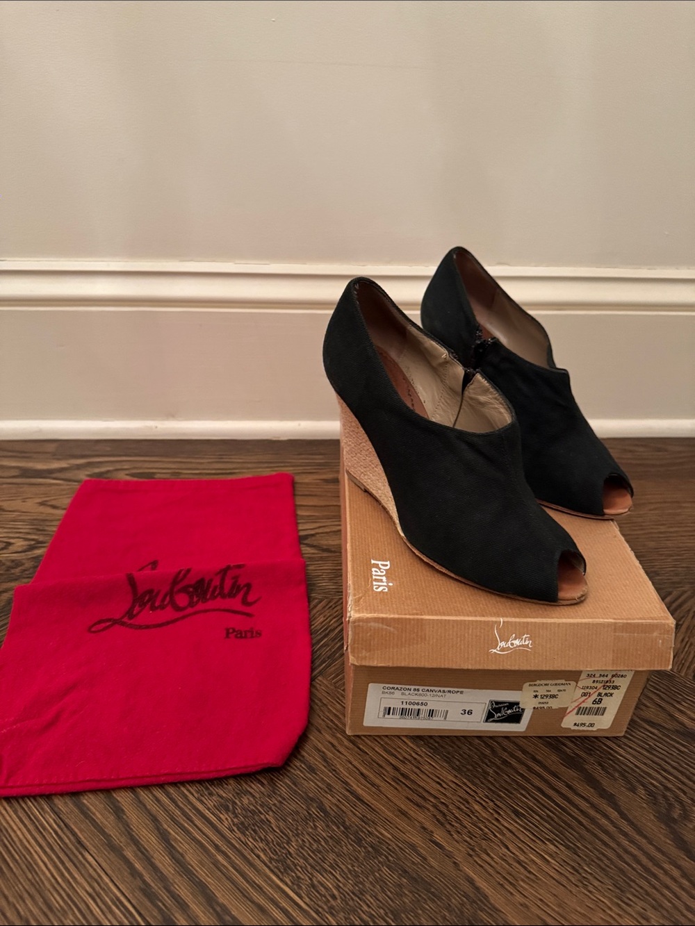 Christian Louboutin Corazon 85 Canvas/Rop Peep-Toe Wedges